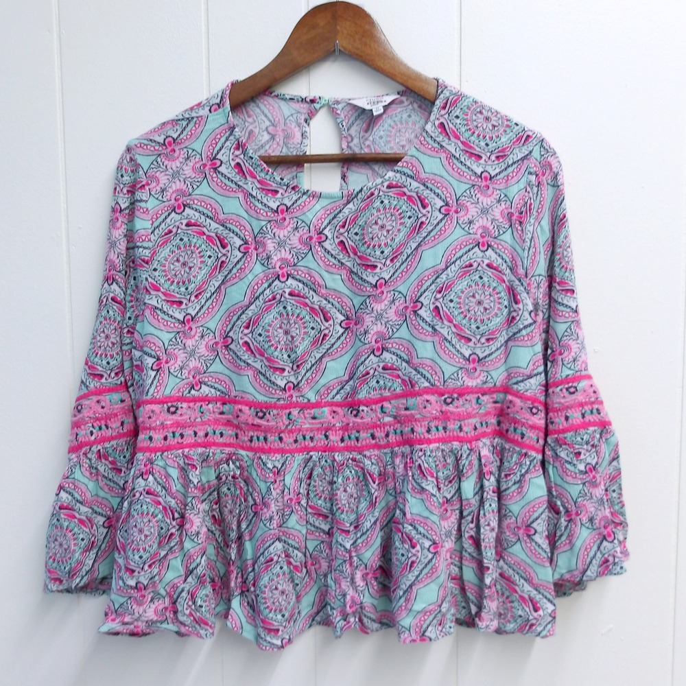 Crown & Ivy‎ Peasant Blouse Floral Print Top Bohemian Style Sz PL /#6325